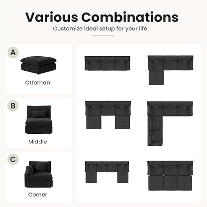Modular Cloud Sofa, 154" Cloud Sectional Couches with Deep Seat, Linen U-Shape 6-Seater Couch with Ottoman for Living Room, Washable Cover, Wide Armrest in Black