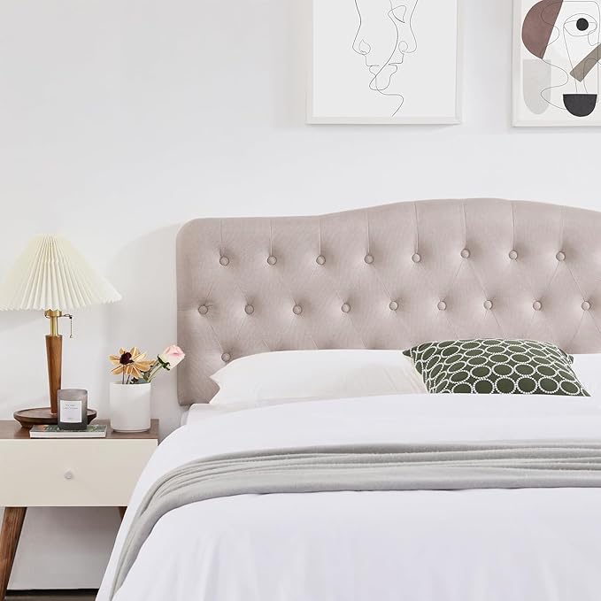 Upholstered Full Headboard, Button Diamond Tufted Headboard with Adjustable Height and Solid Wood Leg, Linen Fabric Padded Headboards for Full Size Bed, Mordern Head Board, Beige
