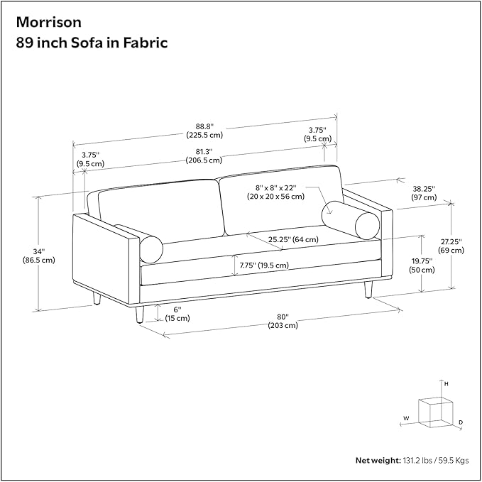 SIMPLIHOME Morrison 89-inch Wide Sofa in Cream White Woven-Blend Fabric, Handcrafted Mid-Century Modern Couch for Living Room or Family Room, Single Bench Cushion, Bolster Pillows