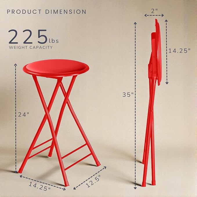 Folding Stool - Backless 24-Inch Stool with 225lb Capacity for Kitchen or Rec Room - Portable Indoor Counter Bar Stools by Lavish Home (Red)