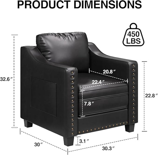 Mid Century Modern Accent Chair, 30 Inches PU Leather Armchairs, Barrel Chair Living Room Chairs Club Chair with Cushion Reading Chair for Bedroom, Apartment, Reading Room, Black