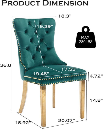 Velvet Upholstered Dining Chairs Set of 6, Modern Style Kitchen Side Chairs with Nailhead Trim and Gold Plated Leg, Metal Pulling Ring for Dining Room Living Room(Green,Set of 6)