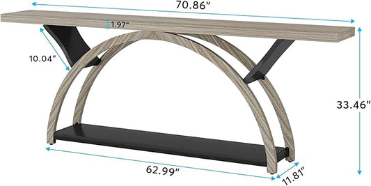 Tribesigns 70.87" Console Table with Storage Shelf, Narrow Long Sofa Table Behind Couch Table, 2-Tier Rustic Entryway Table with Half Moon Frame for Hallway Living Room, Gray & Black (Gray & Black)