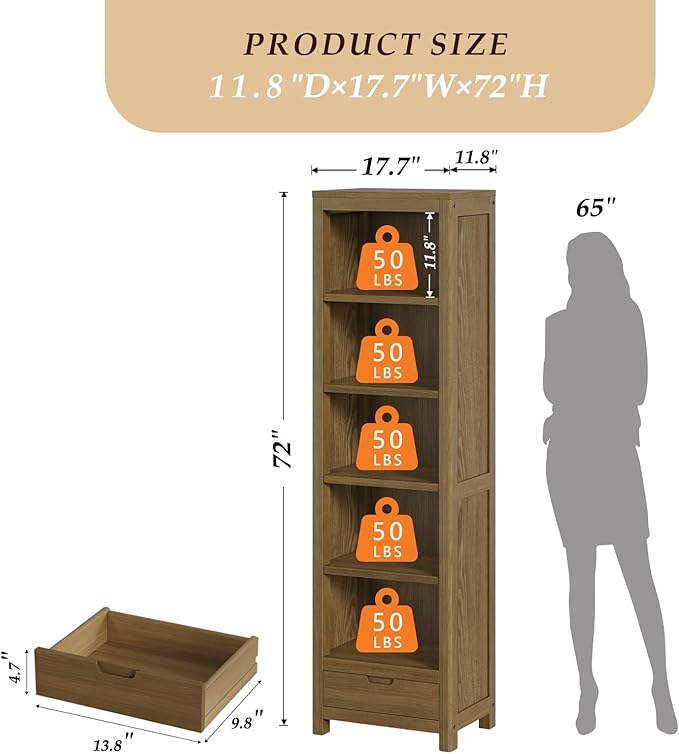 TVU 5-Tier Solid Wood Bookshelf with Drawers, 72-inch Tall Standing Bookcase, 17.7" Wide Open Display Shelf for Living Room, Study, Office Storage, Deep Wood Color