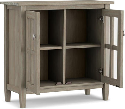 SIMPLIHOME Warm Shaker SOLID WOOD 32 inch Wide Transitional Low Storage Cabinet in Distressed Grey for the Living Room, Entryway and Family Room