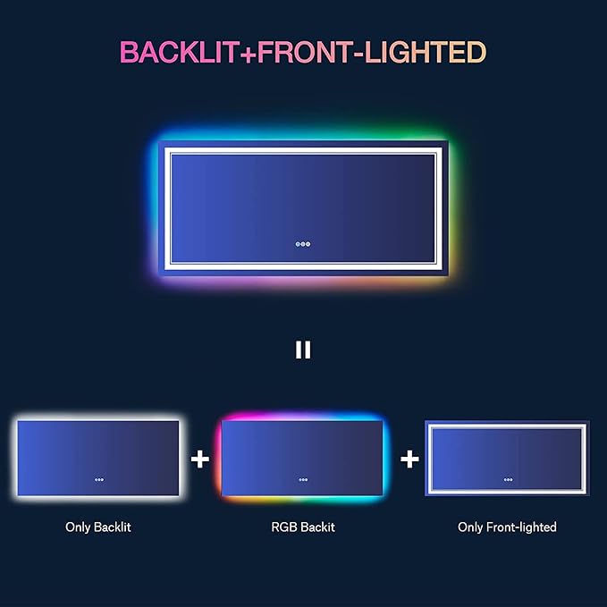 60x40 Inch RGB LED Bathroom Mirror with Lights, Color Changing RGB Backlit LED Mirror for Bathroom,Lighted Vanity Mirrors for Bathroom Wall, Dimmable, Anti-Fog (RGB Backlit+Front-Lit)