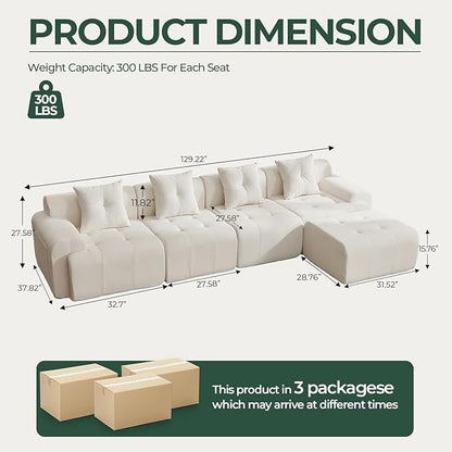 129.23”Modular Sectional Couch for Living Room, Modren L-Shape Cloud Sectional 4-Seater Sofa with Movable Ottoman, Woven Texture Upholstery Boneless Couch, No Assembly, Beige