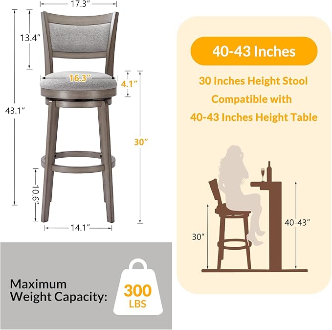 PrimeZone Swivel Bar Stools Set of 4, 30 Inch Bar Height Barstools, High Back Bar Stool with Solid Wood Legs & Wrap-Around Footrest, Counter Stools for Kitchen Island, Pub & Cafe, Grey
