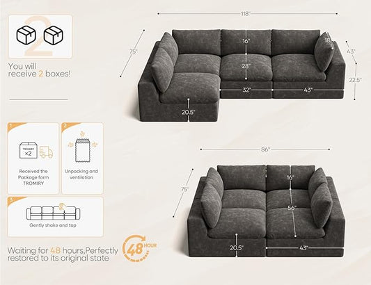 120" Cloud Sectional Couch | Oversize Boneless Couches for Living Room | 4 Seater Modern L-Shape Sofa | Grey