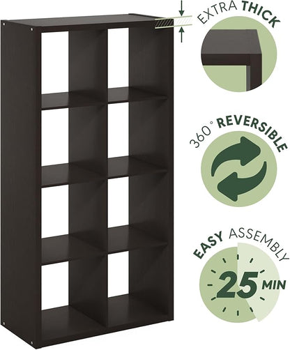 Furinno CUBICLE Book Shelf, 8-Cube Thick Frame Bookshelf, Horizontally & Vertically Reversible Bookcase with Open Back, 14.6 x 30 x 57.9, for Living Room, Bedroom, Home Office, Black Dark Oak
