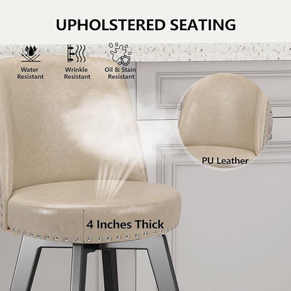 MINCETA Bar Stool, PU Leather Barstool, 26 Inch Upholstered Counter Stool with High Back and Footrest, Swivel Counter Height Barstool for Kitchen Island Home Bar Khaki