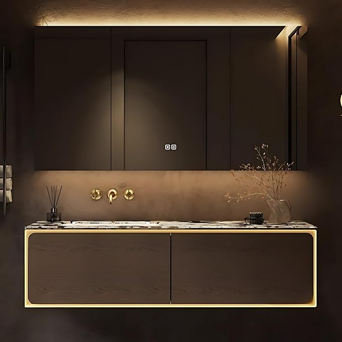 66IN Bathroom Vanity Set with a Single Sink - Embedded Sensor Light Strip & Large Capacity Floating Cabinet | Modern Bathroom Vanities with Defogging Mirror Surface & LED Lighting (Mirror Cabinet)