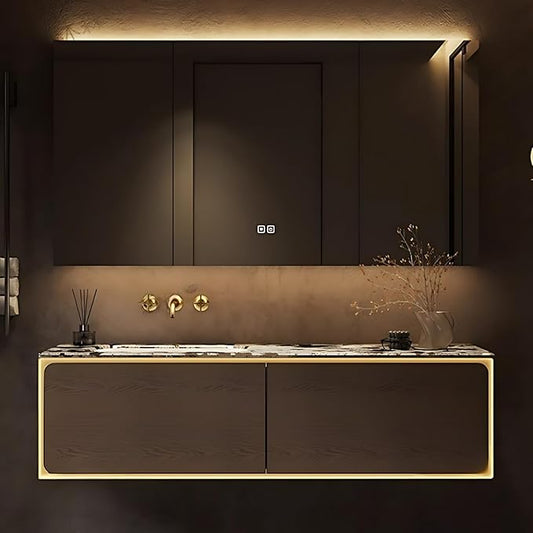 50IN Bathroom Vanity Set with a Single Sink - Embedded Sensor Light Strip & Large Capacity Floating Cabinet | Modern Bathroom Vanities with Defogging Mirror Surface & LED Lighting (Mirror Cabinet)