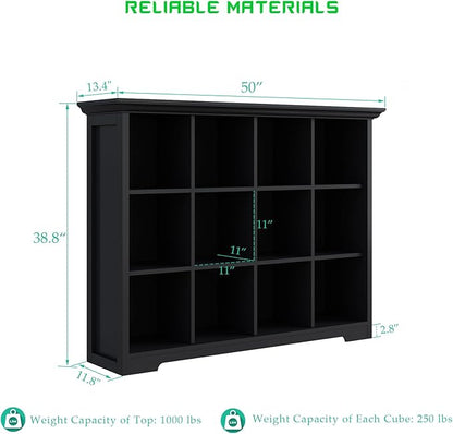Cube Storage Bookcase with Base - Wooden 3 Tiers Floor Standing Open Shelf Cabinet for Home and Office, 12-Cube Lattice Bookshelf, Black