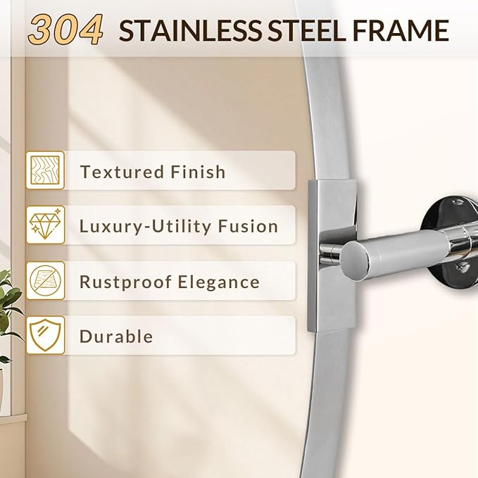 ANDY STAR Oval Bathroom Mirror, 24" x 36" Chrome Stainless Steel Metal Frame Vanity Mirror for Over Sink with Adjustable Tilting Design, Pivoting Mirror for Modern Wall Decor