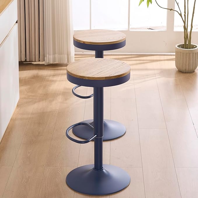 Kidol & Shellder Bar Stools Set of 4 Round Adjustable Swivel Barstools Modern Backless Bar Chairs Wooden Seat Counter Height Stools Armless for Kitchen Island, Cafe, Dining Room Blue