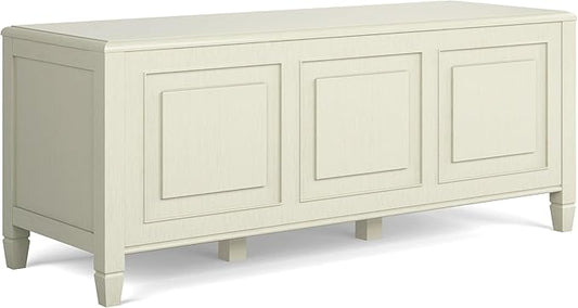SIMPLIHOME Connaught Entryway Storage Bench - 51 inch Wide Solid Wood Storage Trunk Seat in Antique White, Traditional Bench for Entryway or Living Room with Lift-Up Lid and Decorative Moulding