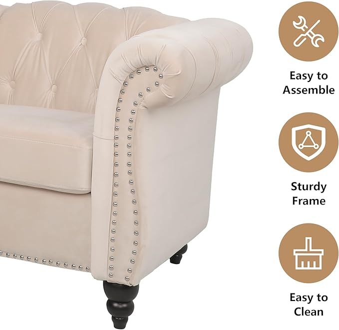 Velvet Loveseat Sofa, Mid Century Modern Upholstered Couch, 62" Oversized Comfy 2 Seater Love Seat Couch with Cushions, Tufted Chesterfield Sofa for Living Room, Bedroom, Apartment (Beige)