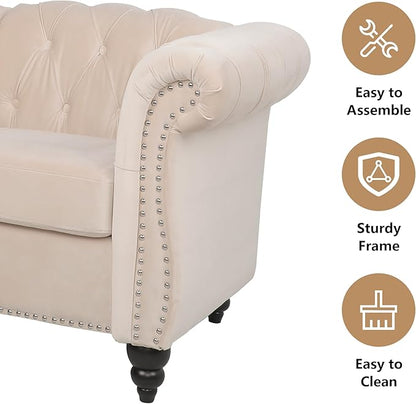 Velvet Loveseat Sofa, Mid Century Modern Upholstered Couch, 62" Oversized Comfy 2 Seater Love Seat Couch with Cushions, Tufted Chesterfield Sofa for Living Room, Bedroom, Apartment (Beige)