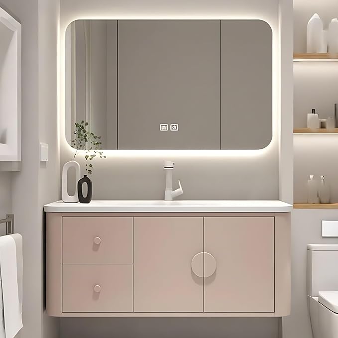 68IN Pink Modern Bathroom Vanity - Bathroom Vanities Set with 2 Drawers Wall Mounted | Rounded Corner Smart Defogging Mirror Cabinet with Lighting & Time Display, Side Opening Storage Shelf (Style A)