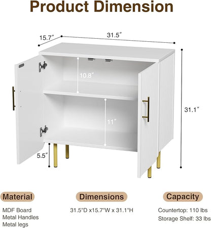 Modern Fluted White Storage Cabinet with 2 Doors, Adjustable Shelves, and Metal Legs, Accent Buffet Sideboard for Living Room, Dining Room, Entryway (White & Gold)