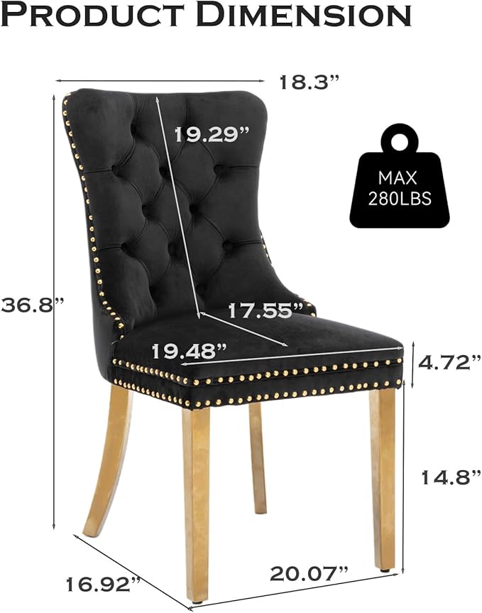Velvet Upholstered Dining Chairs Set of 6, Modern Style Kitchen Side Chairs with Nailhead Trim and Gold Plated Leg, Metal Pulling Ring for Dining Room Living Room(Black, Set of 6)