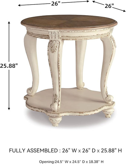 Signature Design by Ashley Realyn Cottage Style Round End Table, Fixed Lower Shelf, Antiqued 2-tone, Finish, Wood, 26" W x 26" D x 25.88" H, White and Brown