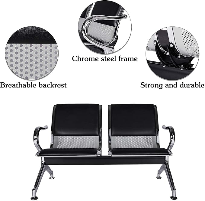 Kinsuite 2-Seat Waiting Room Bench - PU Leather Waiting Room Chairs with Arms & Non-Slip Foot Mats, Reception Chairs Guest Chair for Office Airport Bank Salon, Black