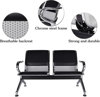 Kinsuite 2-Seat Waiting Room Bench - PU Leather Waiting Room Chairs with Arms & Non-Slip Foot Mats, Reception Chairs Guest Chair for Office Airport Bank Salon, Black