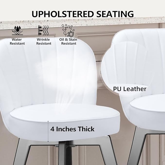 MINCETA Bar Stools Set of 2, PU Leather Barstools, 26 Inch Upholstered Counter Stools with Backrest and Footrest, Swivel Counter Height Barstools for Kitchen Island Home Bar White