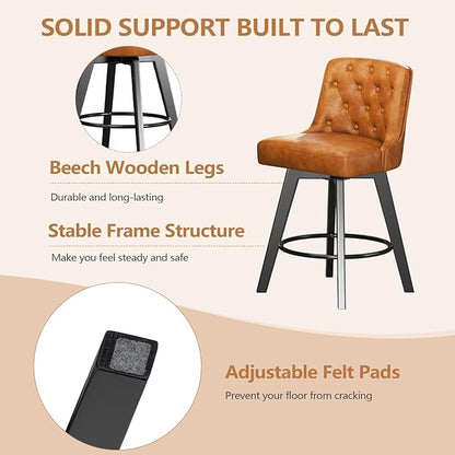 MINCETA Bar Stool, PU Leather Barstool, 26 Inch Upholstered Counter Stool with Low Tufted Back and Footrest, Swivel Counter Height Barstool for Kitchen Island Home Bar Brown