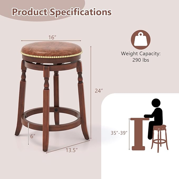 COSTWAY Round Swivel Wooden Bar Stools Set of 2, 24-inch Upholstered Backless PU Leather Farmhouse Counter Chairs with Footrest, Decorative Rivets for Kitchen Island, Dining Room, Walnut