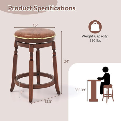 COSTWAY Round Swivel Wooden Bar Stools Set of 2, 24-inch Upholstered Backless PU Leather Farmhouse Counter Chairs with Footrest, Decorative Rivets for Kitchen Island, Dining Room, Walnut