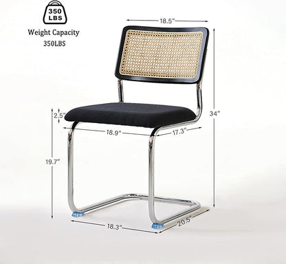 Black Chrome Rattan Dining Chairs Set of 4,Wooden Mid-Century Modern Kitchen Chairs, Mesh Back Cane Dining Room Chair, Cesca Design Chairs with Metal Chrome Legs