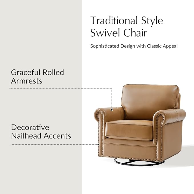 HULALA HOME Swivel Accent Chair Genuine Leather Barrel Rocker Chair with Metal Base Transitional Armchair Padded Round Armrest, Camel
