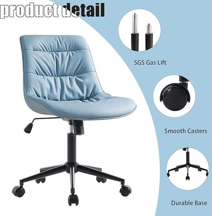 Kidol & Shellder Faux Leather Office Chair, Adjustable Swivel Height Task Chair, Rolling Wheels & Soft Backrest - Armless Ergonomic Desk Chair for Home, Office,Vanity,Gaming（Blue）