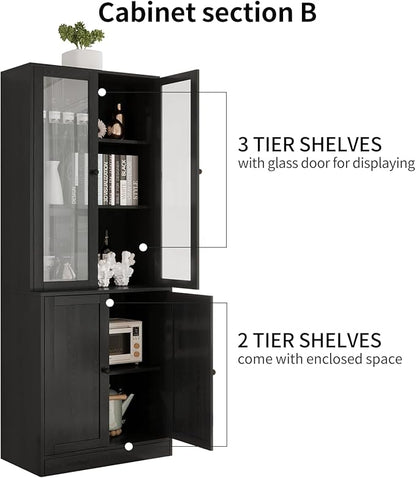 VOWNER Vertical File Cabinet, 3-Tier Modern Bookshelf with 3 Large Drawer, Wood Filing Cabinet with Open Storage Shelf, Glass Doors and Fixed Storage Shelves for Home Office, Black