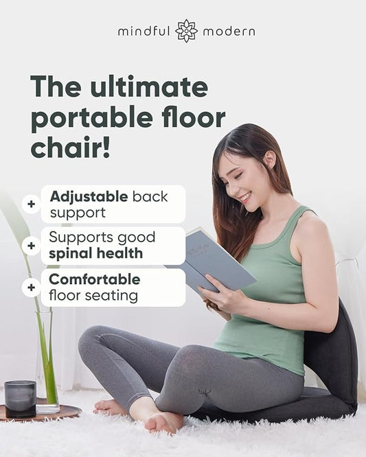 Mindful Modern Meditation Chair | Adjustable Floor Chair with Back Support | Padded Floor Seat for Posture Support and Comfort | Portable Folds Flat for Storage | Indoor/Outdoor Use | Stone Black