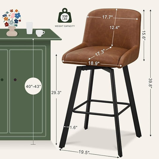 Swivel Bar Stools Set of 3, 30''H Upholstered Barstools with Backs, Modern Counter Height Bar Stool Chairs for Kitchen Island, Metal Legs, Faux Leather, Brown Counter Stools