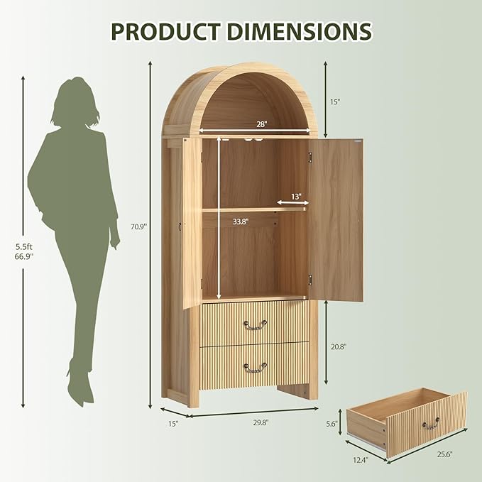 FURSUN 71" Tall Fluted Arched Bookshelf with Doors, Wood Pantry Storage Cabinet with 2 Large Drawers, Modern Versatile Bookcase for Living Room, Kitchen, Dining, Natural Oak