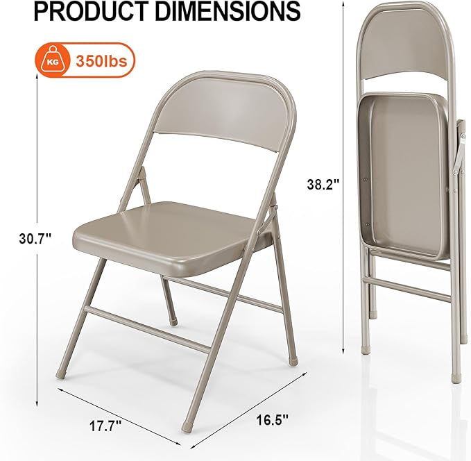 VINGLI Folding Chairs All Steel Metal Frame, Capacity 350 lbs, Durable Portable and Versatile for Indoor Outdoor Use, Khaki, Set of 4