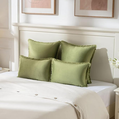 FUTEI Sage Green Velvet Decorative Throw Pillow Covers 16x16 Set of 2,Soft Cozy Edge with Tassels Cushion Case,Boho Modern Home Decor for Couch Bed Living Room