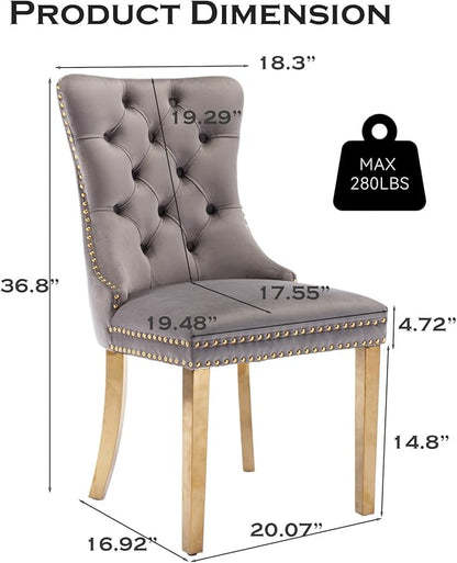 Velvet Upholstered Dining Chairs Set of 2, Modern Style Kitchen Side Chairs with Nailhead Trim and Gold Plated Leg, Metal Pulling Ring for Dining Room Living Room(Gery-Gold Plated Leg)