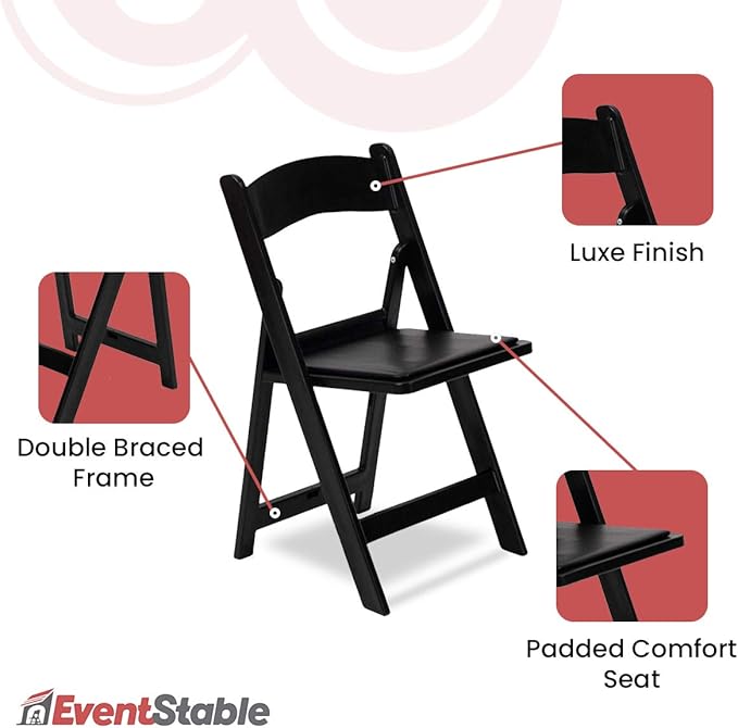 EventStable Titan PRO Resin Folding Chair - Black Indoor/Outdoor Lightweight Padded Chair for Weddings, Parties, Events - 50 Pack