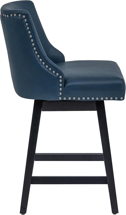 Bar Stool, PU Leather Barstool, 26 Inch Upholstered Counter Stools with 13.8" High Back and Footrest, Swivel Counter Height Barstools for Kitchen Island Home Bar Navy Blue