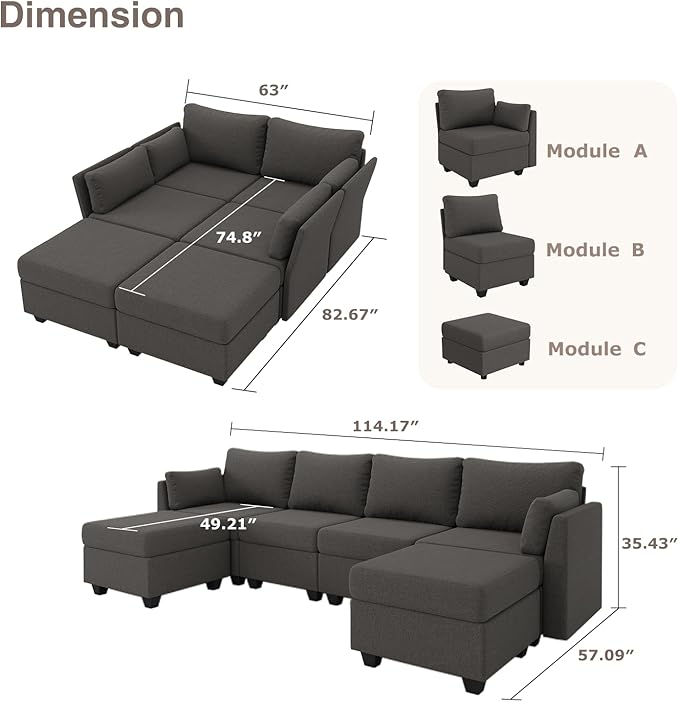 114.17" Modular Sectional Sofa, 6 Seat Sectional Couches with Storage, Memory Foam, Convertible Modular Couch for Living Room, U Shaped Comfy Modular Sofa with Chaise, Dark Grey