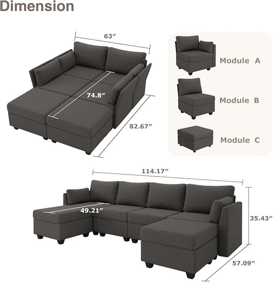 114.17" Modular Sectional Sofa, 6 Seat Sectional Couches with Storage, Memory Foam, Convertible Modular Couch for Living Room, U Shaped Comfy Modular Sofa with Chaise, Dark Grey