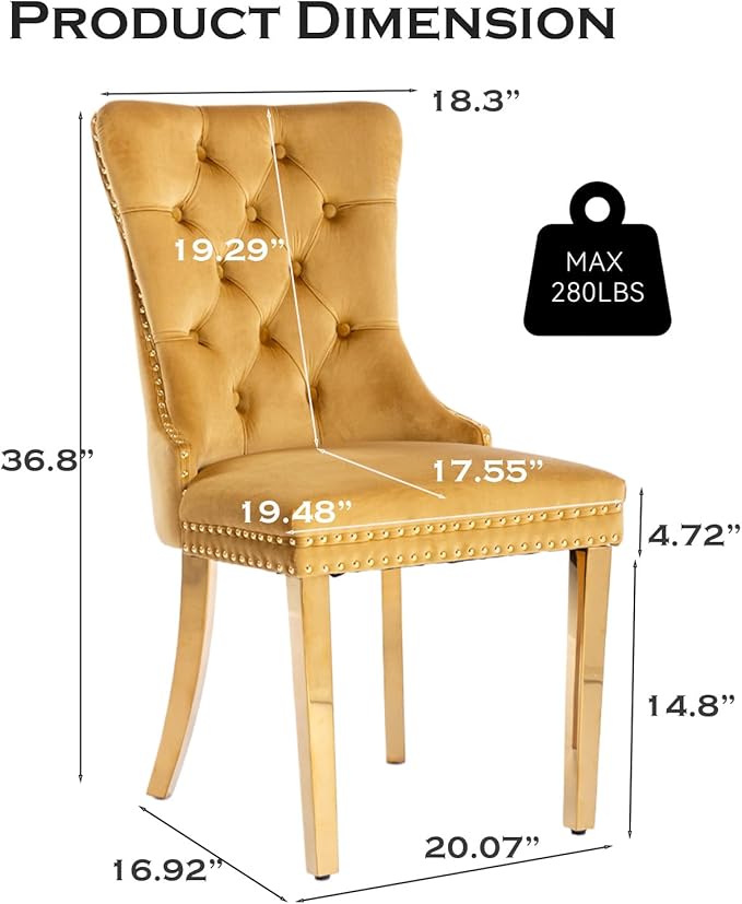 Velvet Upholstered Dining Chairs Set of 2, Modern Style Kitchen Side Chairs with Nailhead Trim and Gold Plated Leg, Metal Pulling Ring for Dining Room Living Room(Gold-Gold Plated Leg)