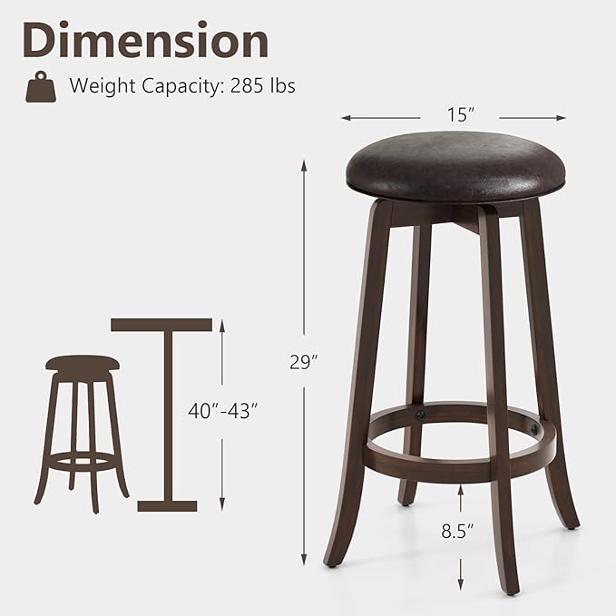 COSTWAY 29-Inch Swivel Bar Stools Set of 4, Upholstered Barstools w/PU Leather Seat & Solid Rubber Wood Legs, Mid-Century Backless Round Bar Height Stools w/Footrest for Kitchen Home Bar