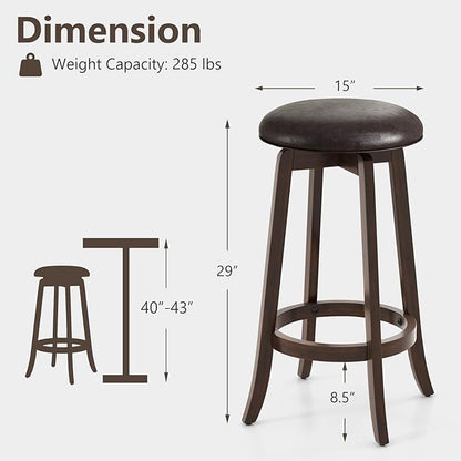 COSTWAY 29-Inch Swivel Bar Stools Set of 4, Upholstered Barstools w/PU Leather Seat & Solid Rubber Wood Legs, Mid-Century Backless Round Bar Height Stools w/Footrest for Kitchen Home Bar